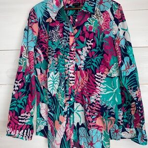 Talbots Tropical Jungle Leaf Print Cotton Button-Down Shirt Women’s Large
